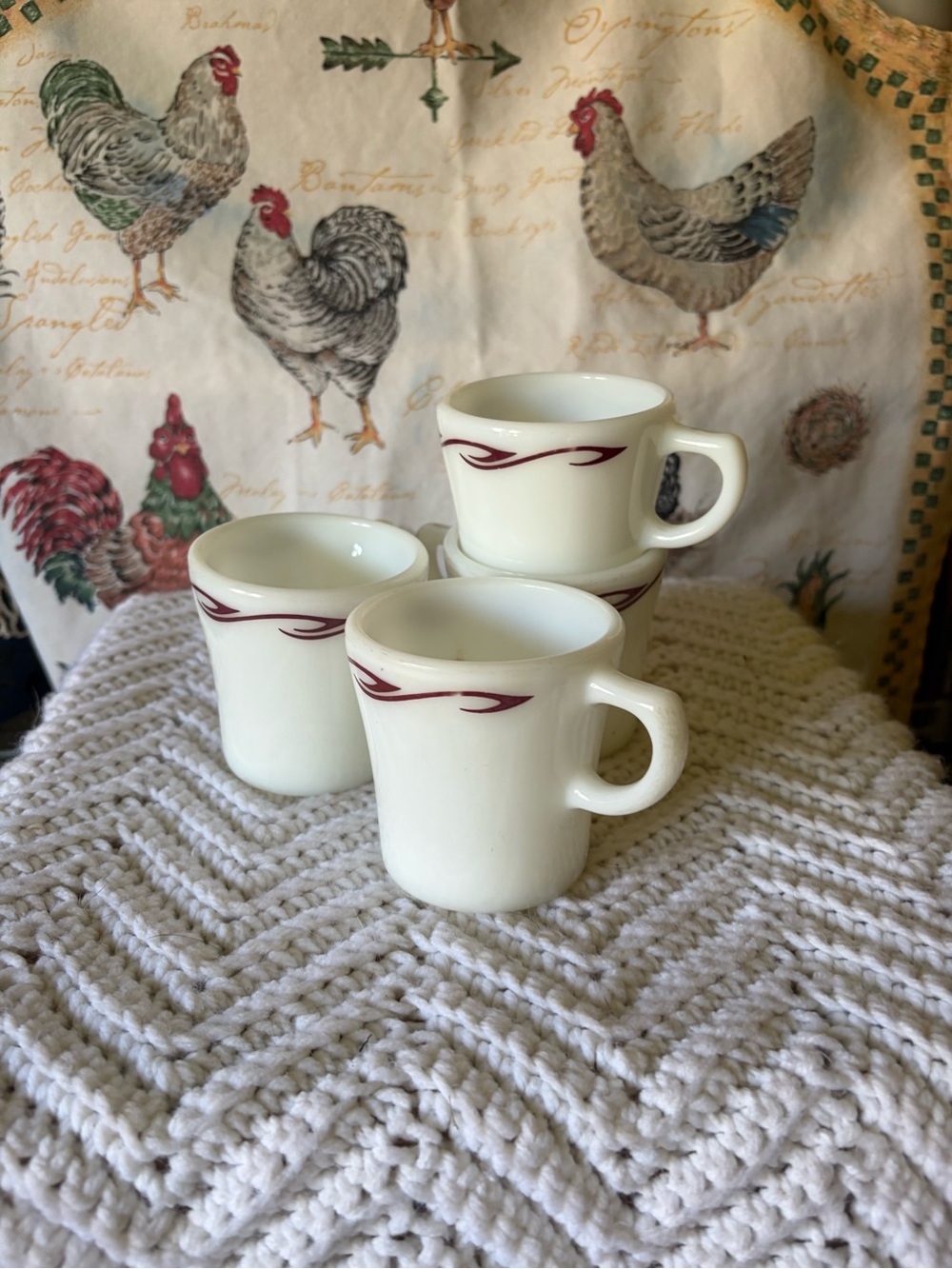 Vintage Pyrex Ruby Red White Milk Glass Coffee Mugs with Red Accent - Set of 4